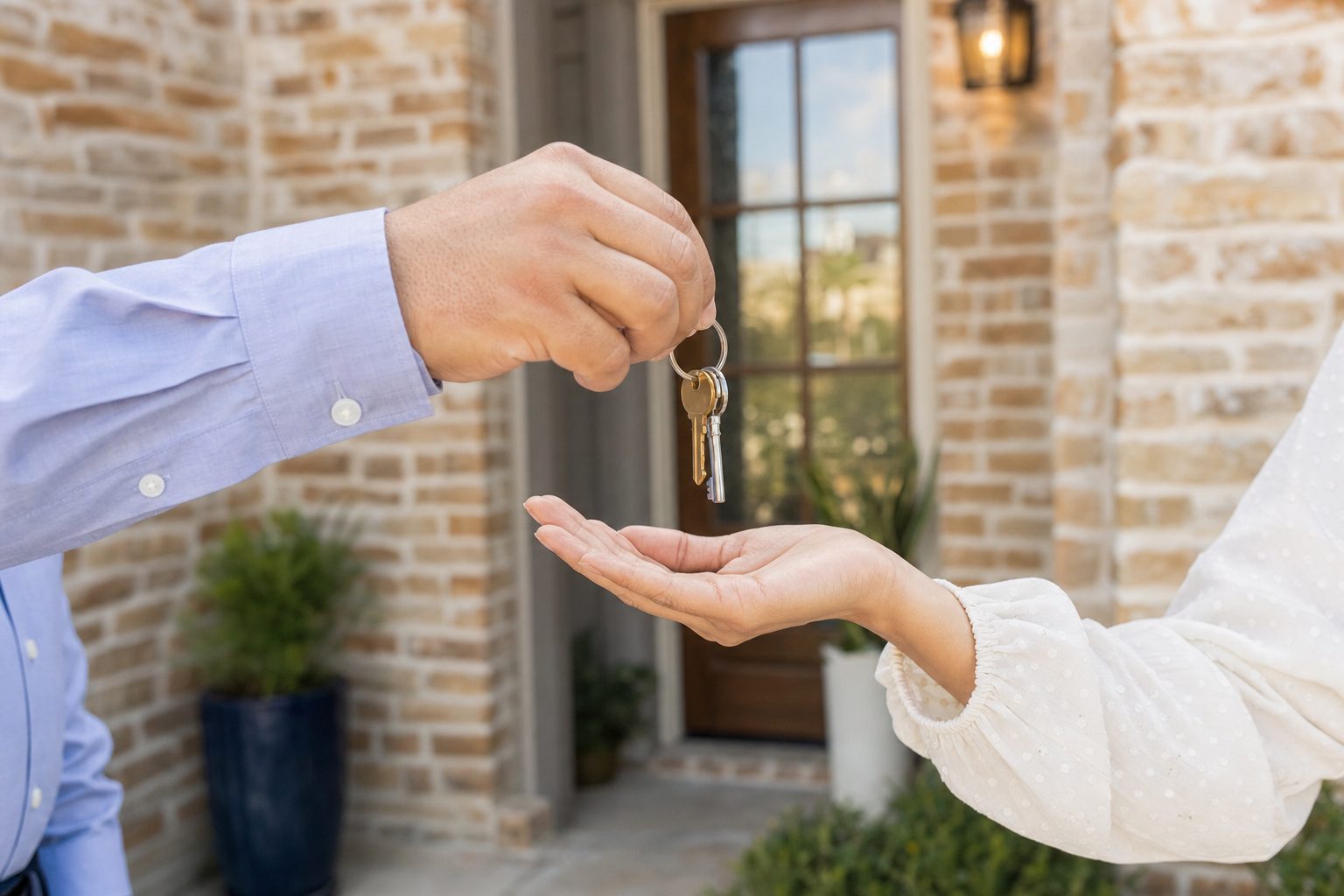 A homeowner handing over house keys after a closing